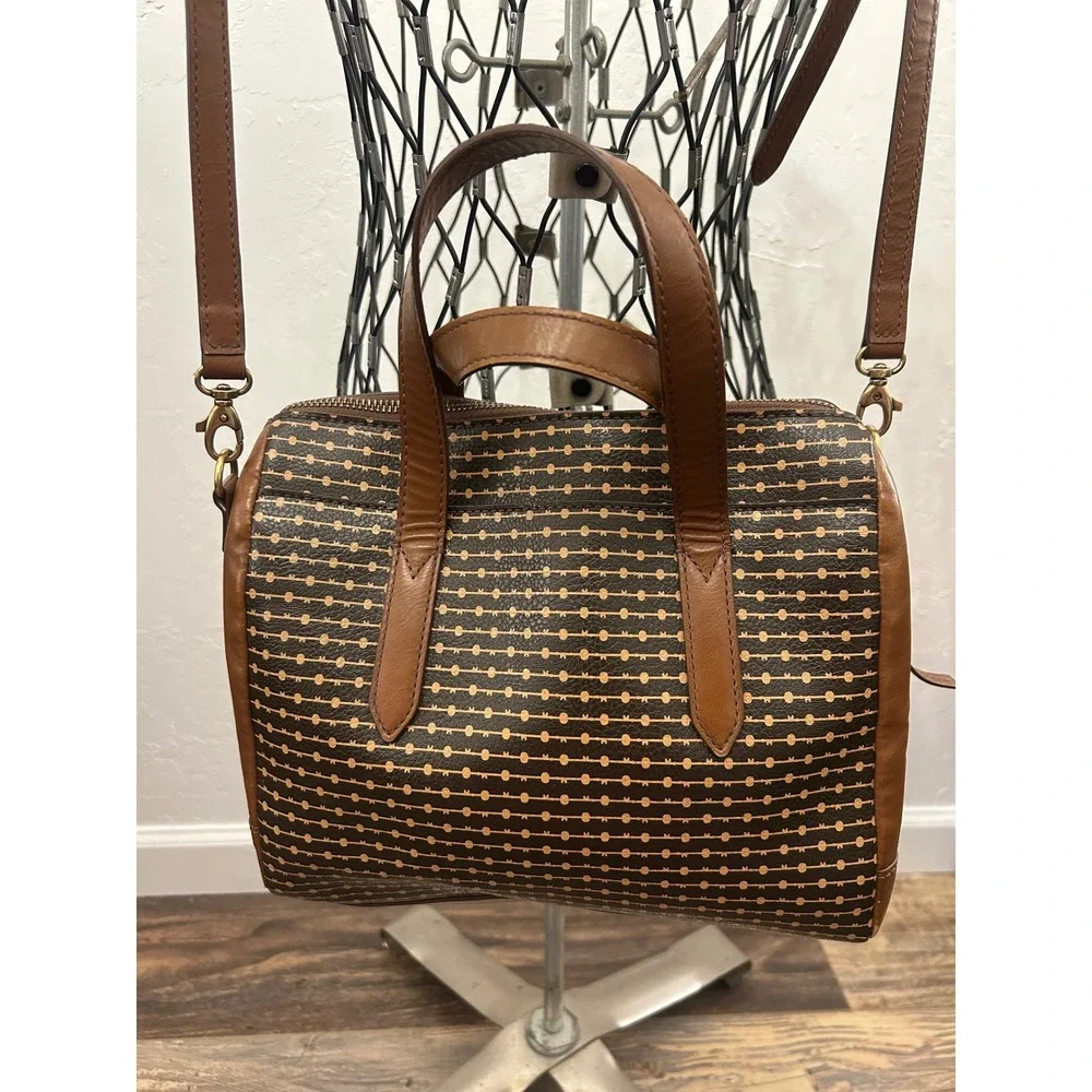 Fossil Sydney Satchel Brown Geometric Dot Pattern Crossbody Bag